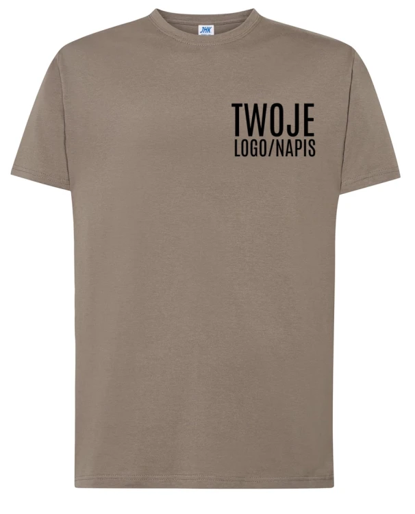 ciemno beżowa koszulka firmowa z logiem.webp